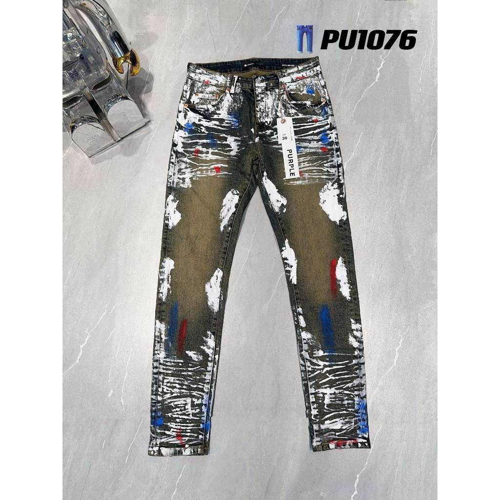 Jeans robek pria yang dipersonalisasi grafiti cat putih pudar retro merek trendi Eropa dan Amerika