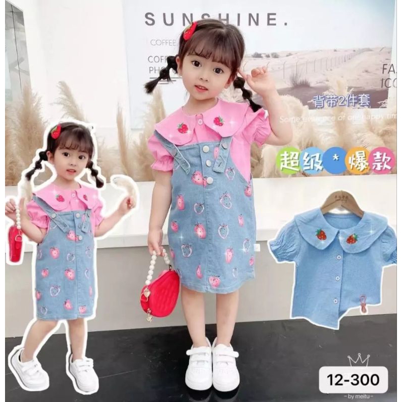 2IN1 OVERALL KEMEJA STRAWBERRY (1-4T)