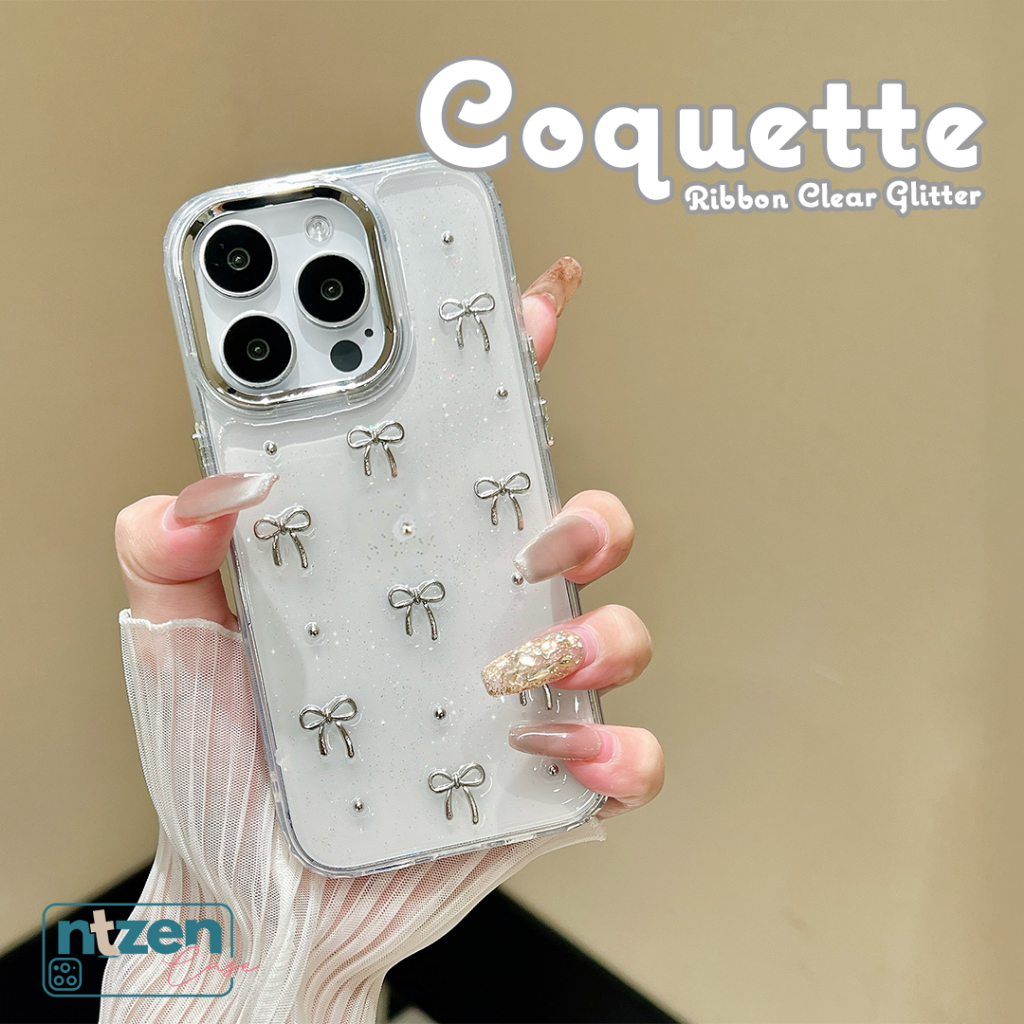 Case Iphone Coquette Ribbon Clear Glitter 11 12 13 14 15 Pro Max Plus 16 17 Air