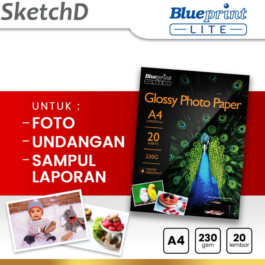 

Kertas Foto Lite A4 - 230 Merak Blueprint Glossy Photo Paper 20 lbr