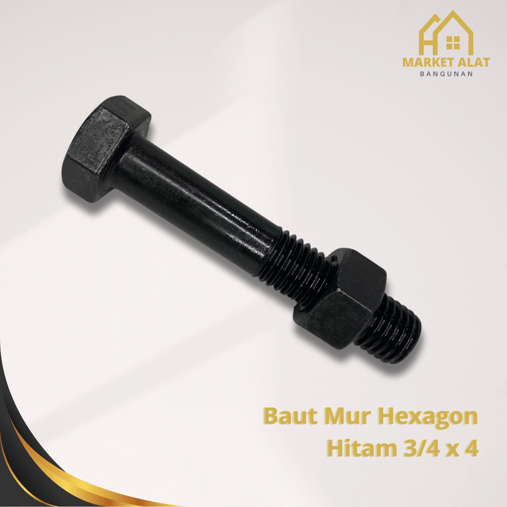Baut Mur Hitam 3/4” x 4” / Baut Kunci 30 Panjang 10 cm 100 mm Drat Kasar Baja Hitam Hexagon