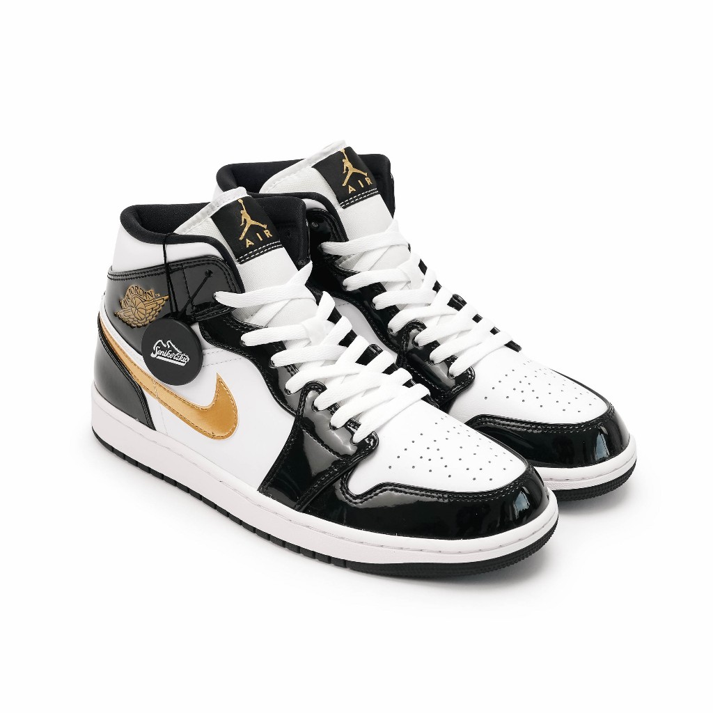 Air Jordan 1 Mid SE Patent Black White Gold Men