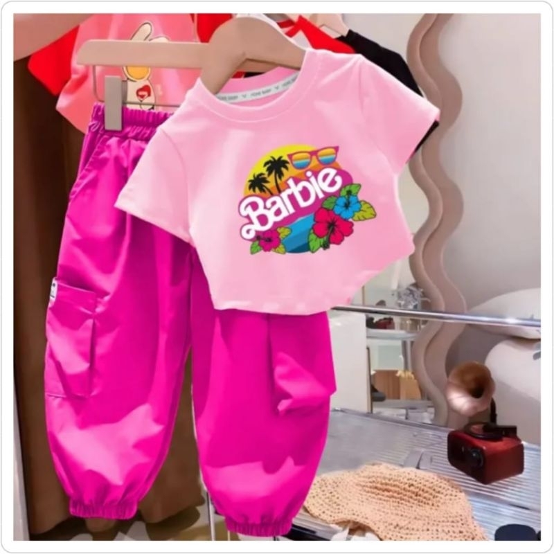 SETELAN BAJU ANAK PEREMPUAN SETELAN BARBIE PANTAI CELANA KARGO UKURAN 3 BULAN - 6 TAHUN