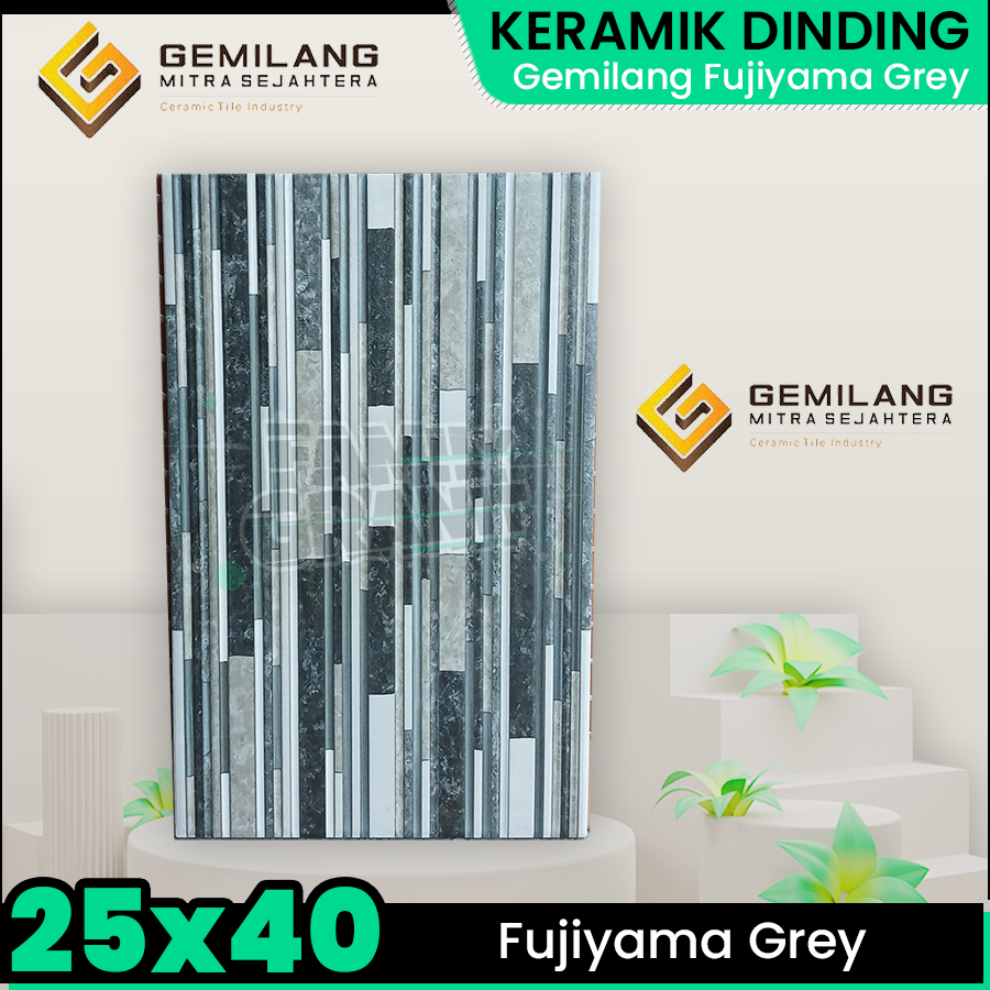 Keramik Dinding 25x40 Gemilang Fujiyama Grey Motif Batu Tekstur Kasar Timbul