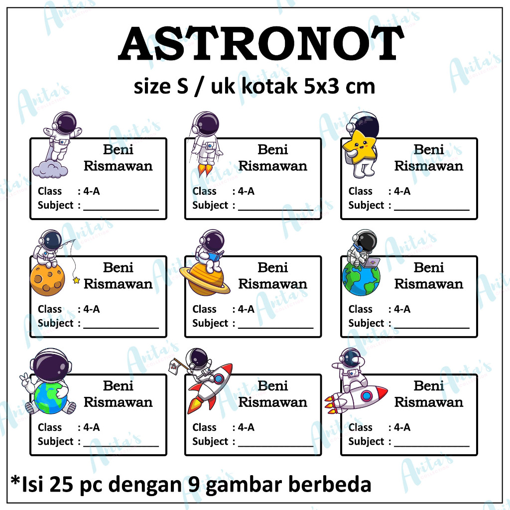 

25pc STIKER NAMA BUKU PELAJARAN ANAK SEKOLAH tema ASTRONOT | size S / 5x3 cm | CUSTOM