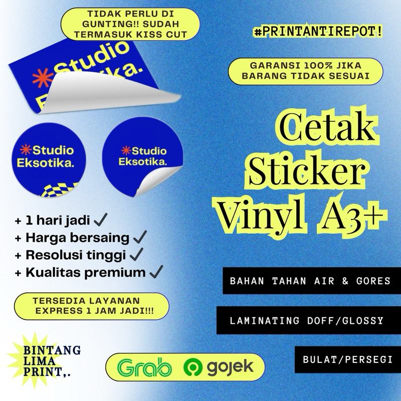 

[PRINT CEPAT] Sticker Bahan Vinyl A3 Tahan air | Termasuk Kiss Cut | Custom Design | Bisa Laminating | Custom Size
