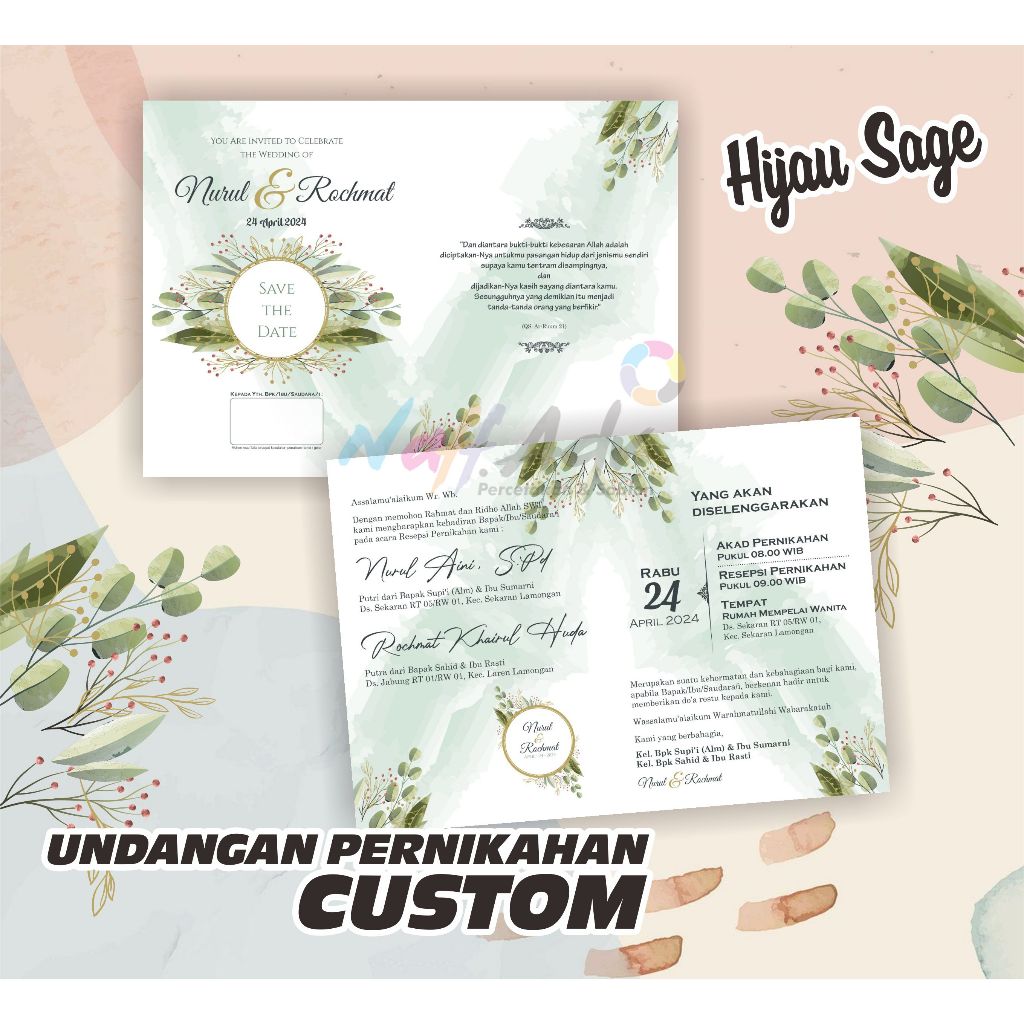 UNDANGAN PERNIKAHAN CUSTOM HIJAU SAGE - UNDANGAN NIKAH WARNA ELEGANT