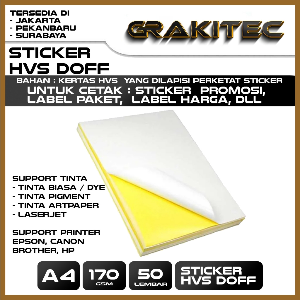 

Sticker HVS A4 isi 50 lembar / Kertas Stiker Inkjet Doff Matte A4 Grakitec