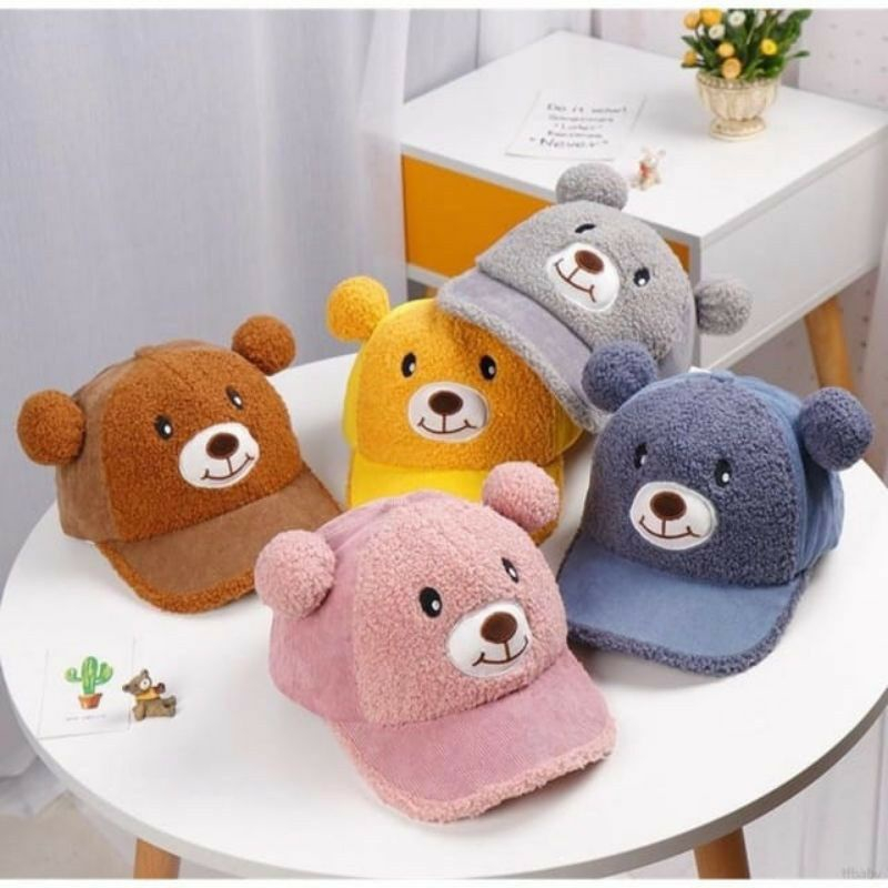 Topi Anak Import High Quality | Topi Motif Beruang Pom2 Bunyi Rattle 1-4Y