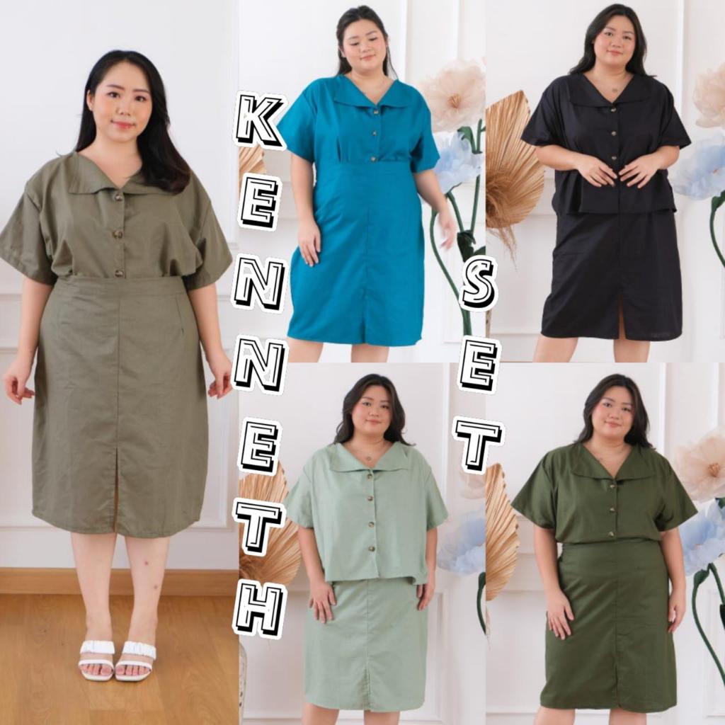 JUMBO KENNETH SETELAN TOP + SKIRT WANITA BIGSIZE MATERIAL LINEN FIT TO XXL BAJU SET BIG SIZE (BISA B
