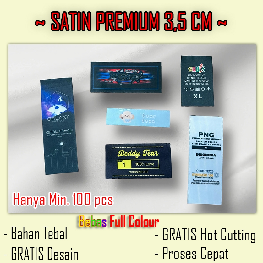 

LABEL BAJU PREMIUM 3,5 CM/ LABEL KERUDUNG / LABEL SATIN CUSTOM / LABEL baju / Label Kerah