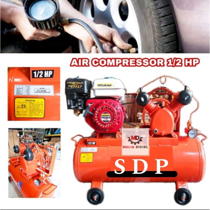 Kompresor Tabung Angin Marlin SDP 0.5 1/2 HP + Engine Mesin GX200 + Pully V-belt penggerak