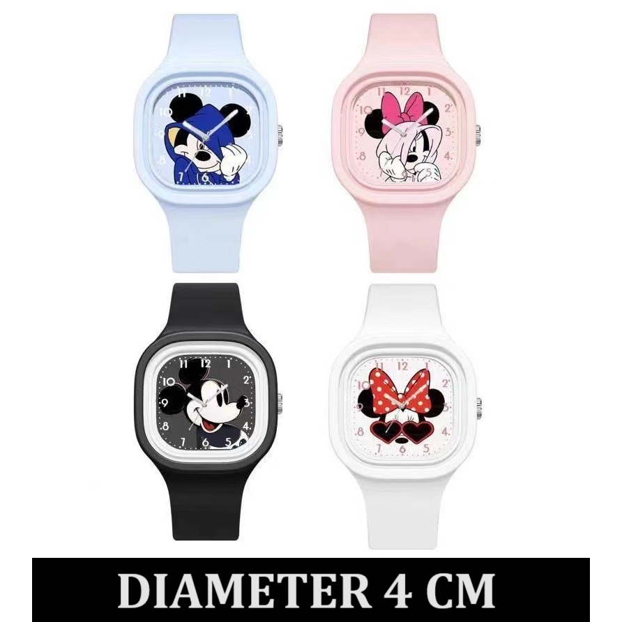 JM015 Jam tangan anak perempuan laki laki mickey minnie hitam pink biru putih diameter 4 cm remaja t