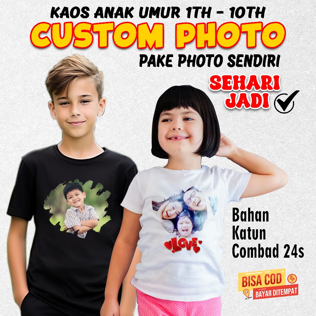 kaos Anak Custom Foto Gambar Sendiri Sehari jadi | kaos Foto junior | Kaos Santri Anak | kaos custom