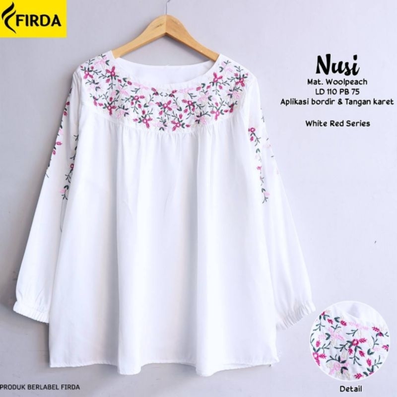 Nusi Blouse wanita Baju putih jumbo motif bunga bordir by Firda