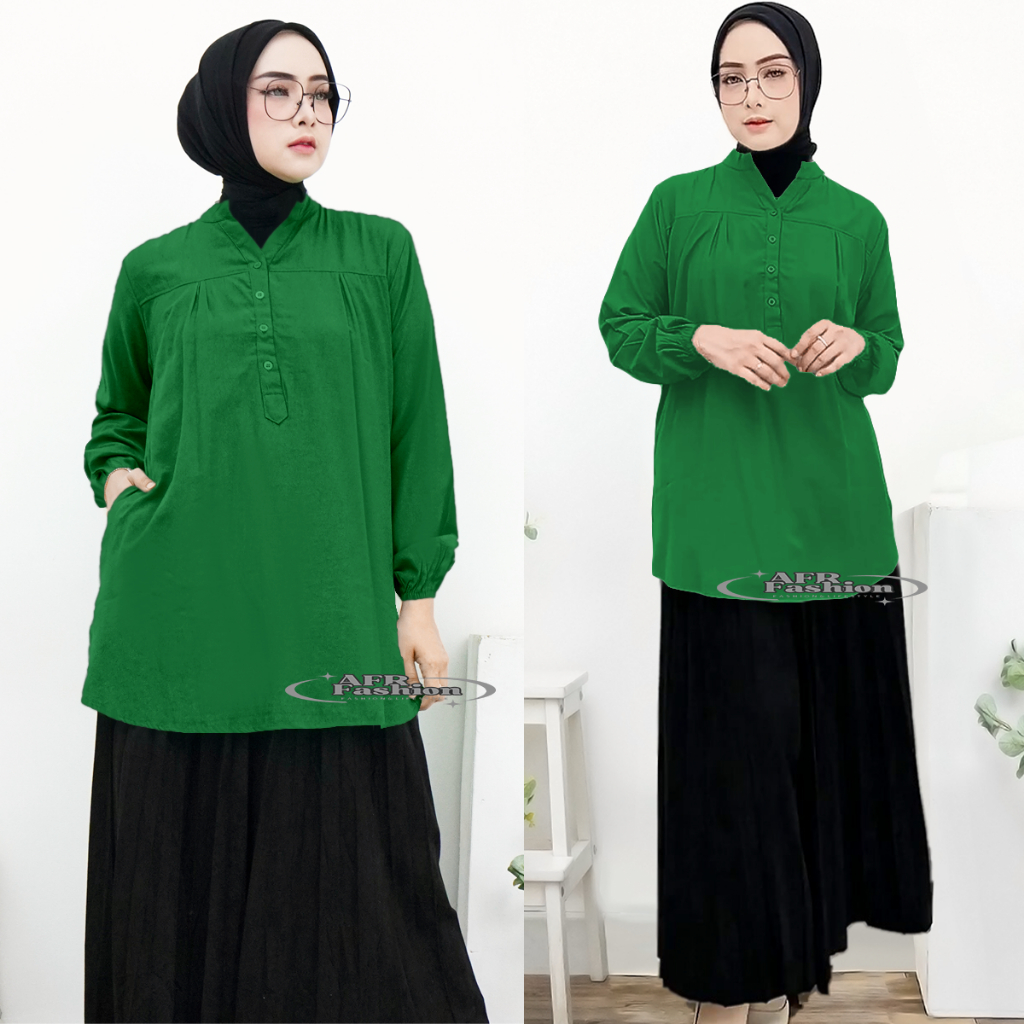 Kemeja Wanita Kekinian Rayon Polos Hijau Botol Blouse Muslim Jumbo Size Lengan Panjang Baju Atasan