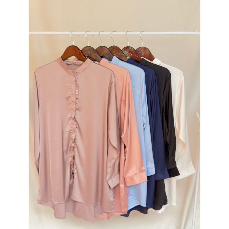 kemeja tunik armany silk satin/kemeja goyang/ kemeja jatuh/kemeja muslimah/Kemeja polos/Lengan kanci