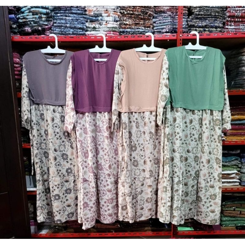 Devstore Grosir Kediri gamis Crinkle bunga kombinasi Bahan Crinkle Anti kusut nyaman dipakai