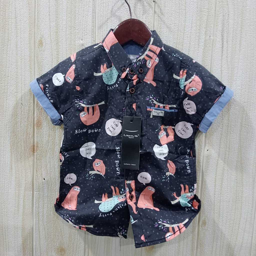 Kemeja Anak 1-13 Tahun Lengan Pendek Warna Hitam Motif Printing Premium Super Adem By LIBAS Bisa CO