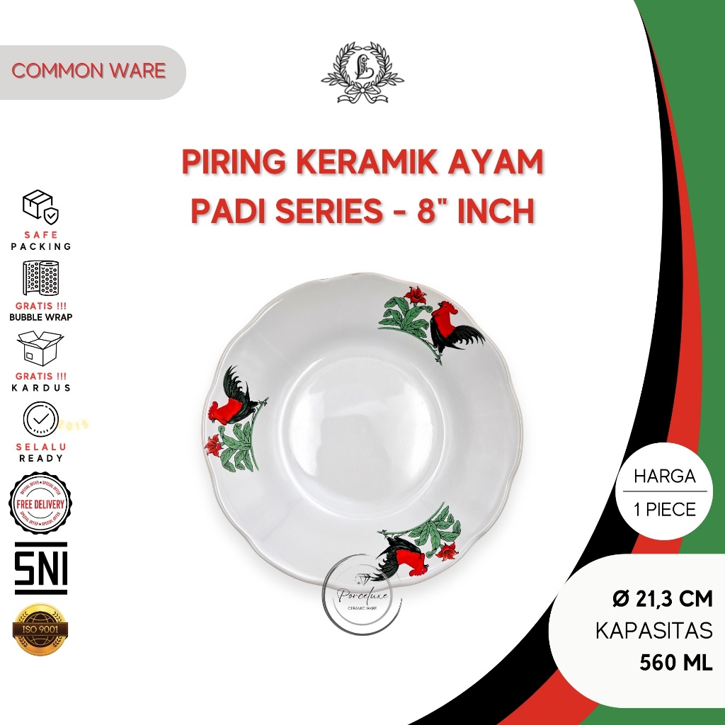 Lucky Padi Series Piring Keramik Ayam 8"/21,3 cm Putih 560 ml Plate Makan Nasi Sayur Lauk Saji Jadul