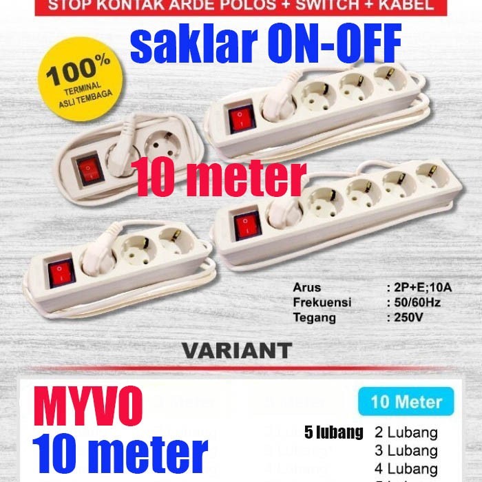 MYVO 10m StopKontak Kabel saklar 2 3 4 5 Lubang 10 Meter SNI switch on off