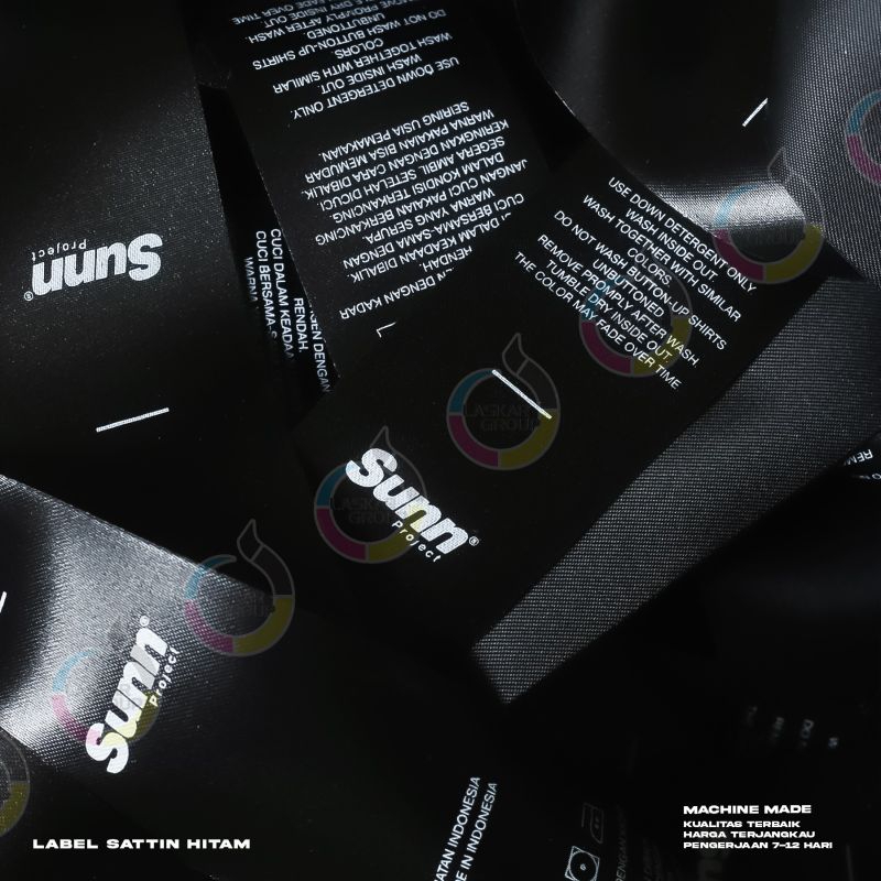 SATIN IMPORT HITAM RAJUT 2 SISI / label baju satin hitam/label pemeliharaan/sablon label satin