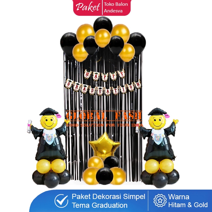 paket dekorasi graduation hitam gold / set balon dekorasi wisuda happy graduation / balon congrats