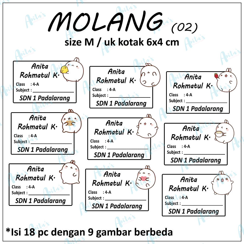 

18pc STIKER NAMA BUKU PELAJARAN ANAK SEKOLAH tema MOLANG 02 | size M / 6x4 cm | CUSTOM