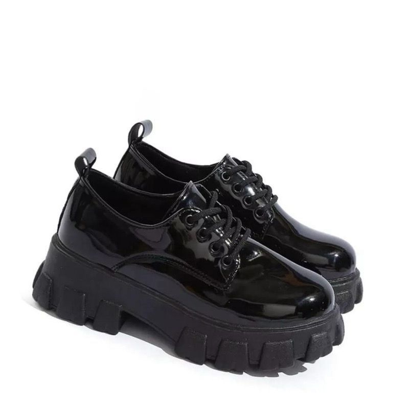 Sepatu docmart boots polos wanita hitam glossi doff ber tali