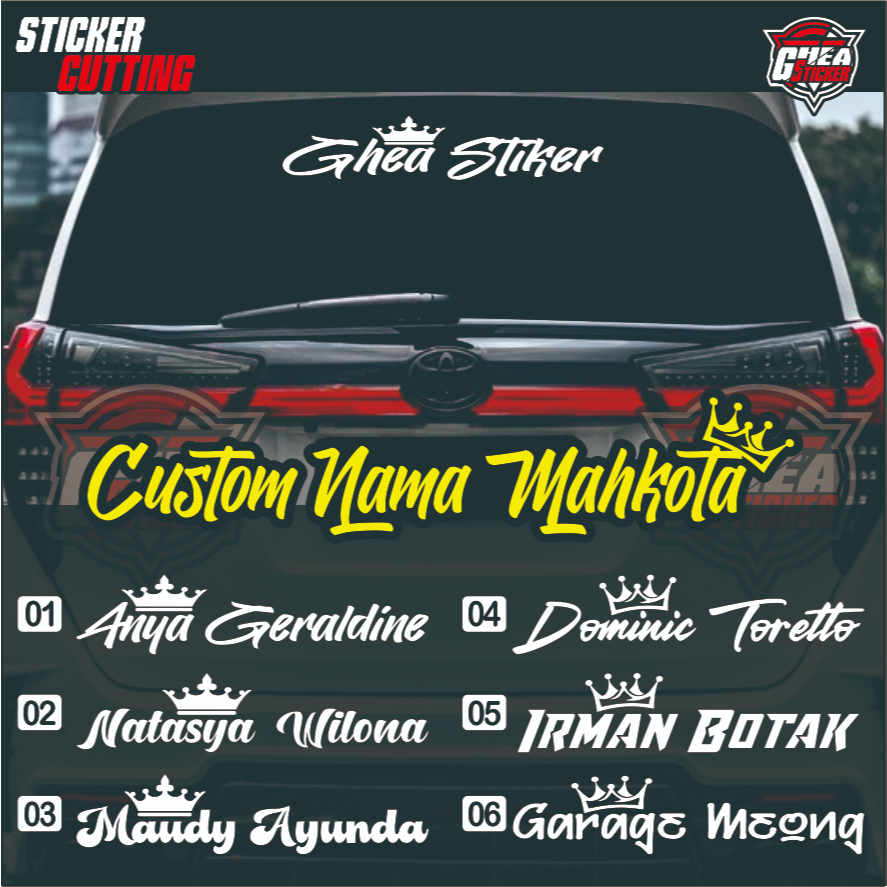 Sticker Cutting Custom Nama Mahkota Kaca Belakang Mobil - Sticker Custom Nama Kaca Mobil