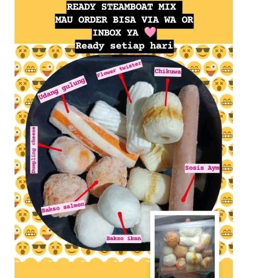 

steamboat mix , seafood mix , bakso chikuwa twister flower udang gulung dumpling