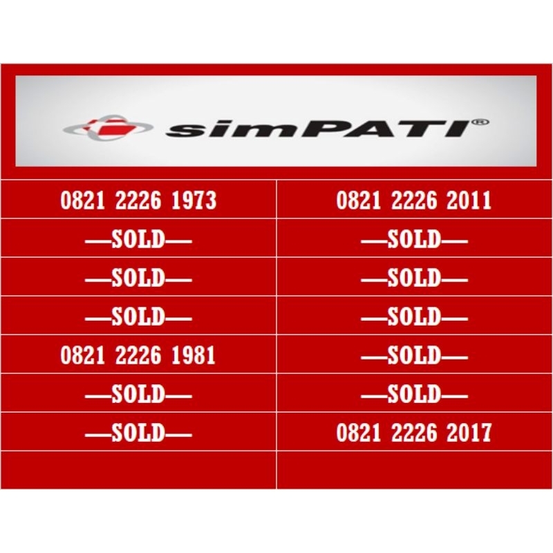 nomor cantik simpati 4G telkomsel 08** 2226 1973, 1981, 2011, 2017