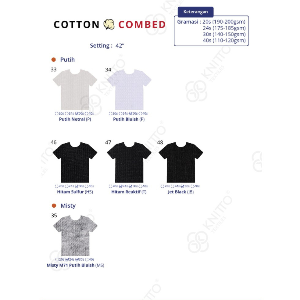 KATALOG WARNA KAIN COTTON COMBED KNITTO ( KATALOG BAHAN KAOS )