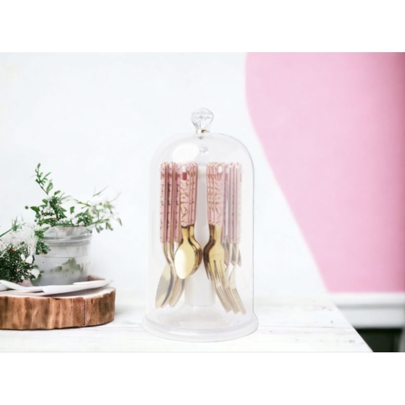 Set Alat Makan VICENZA VM248G Pink, 26 Buah sendok garpu motif Marmer (pink marble) dengan spoon sta