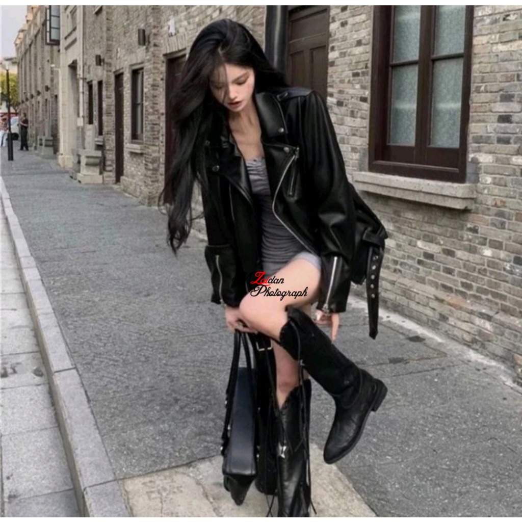 Jaket Wanita Vintage Kulit Sintetis Basis Ramones Punk Leather Korean Style Terbaru