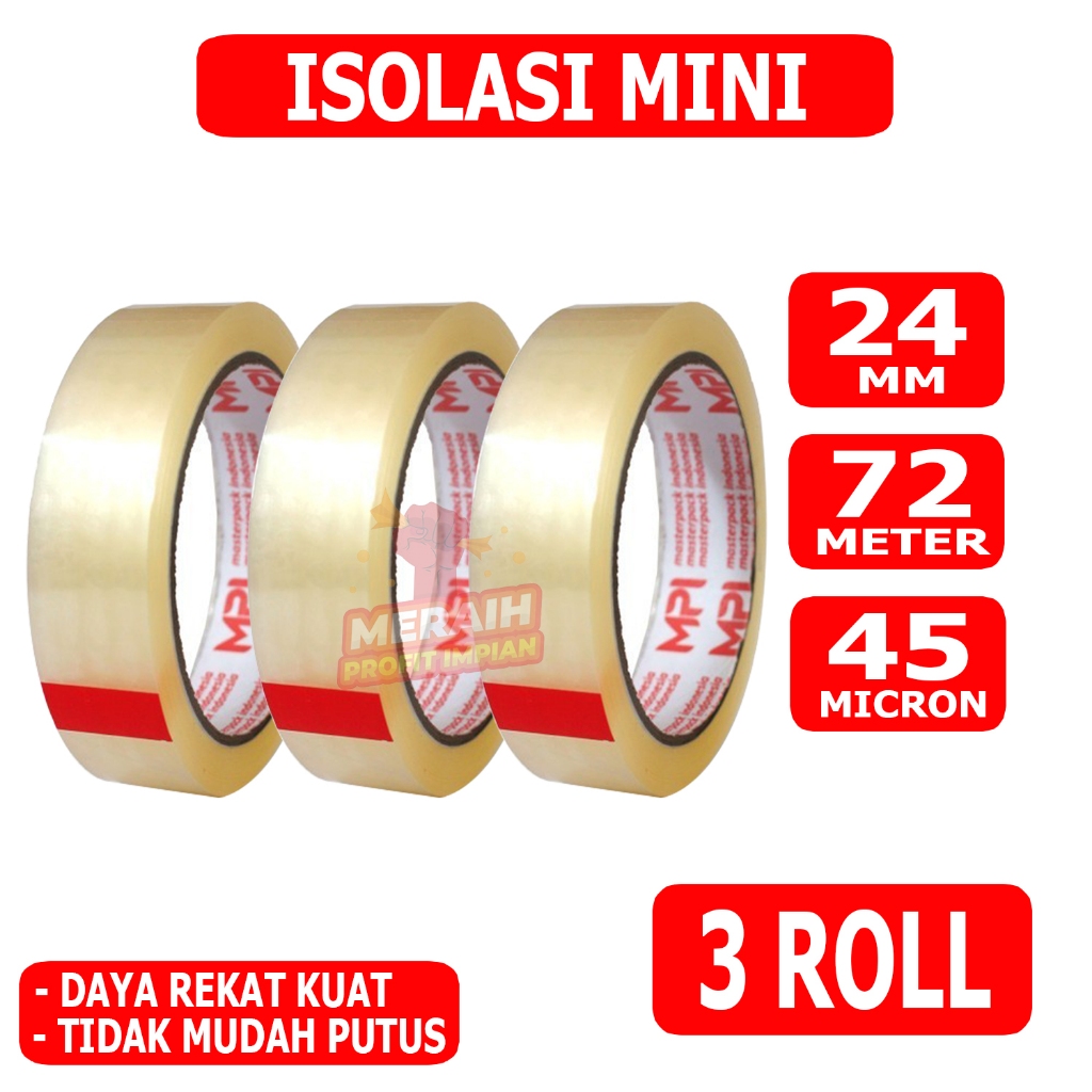 

3 Pcs - Lakban Isolasi MPI 24 mm x 72 m - Selotip Mini 72 Meter