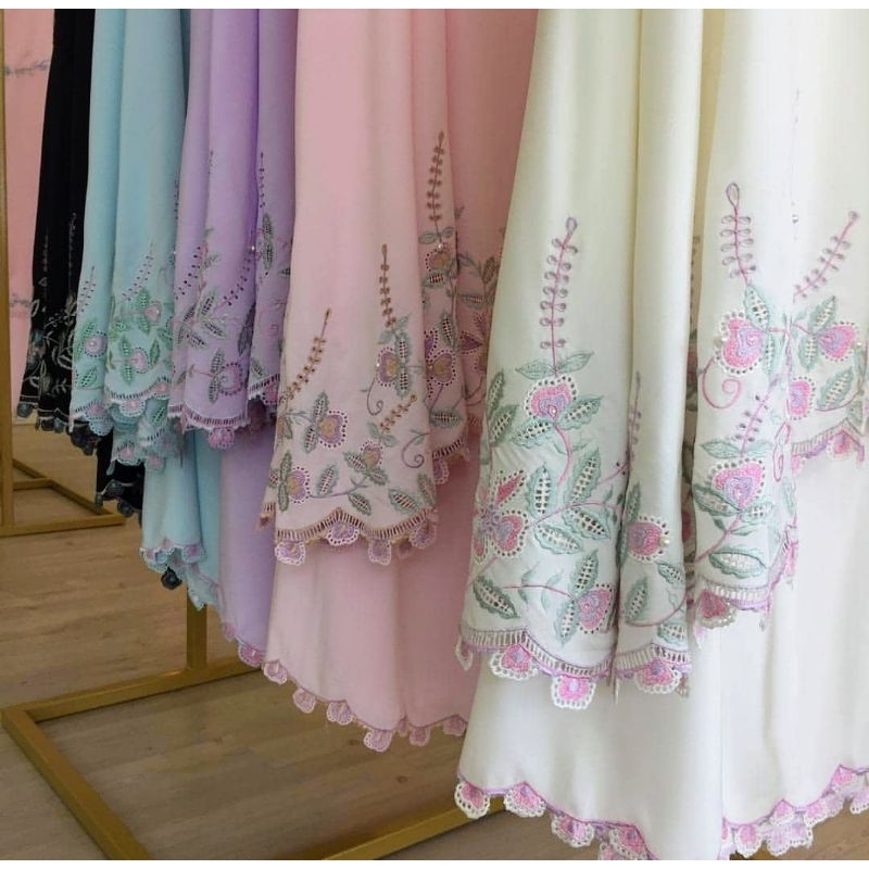 Mukena Telekung Premium Dewasa Bordir Manual Tasik KERANCANG DAUN free Tas