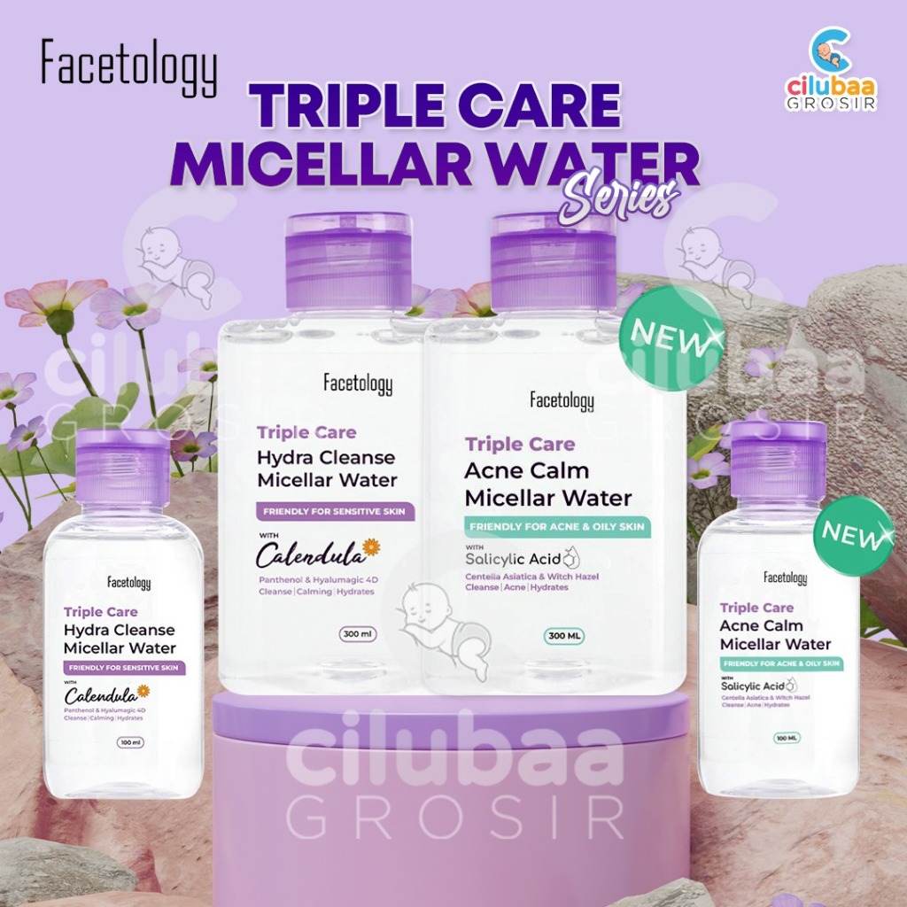 FACETOLOGY Triple Care Hydra Cleanse &amp; Acne Calm Micellar Water 300ml || 100ml || Facetology Pembersih Wajah Sensitive Skin Original BPOM