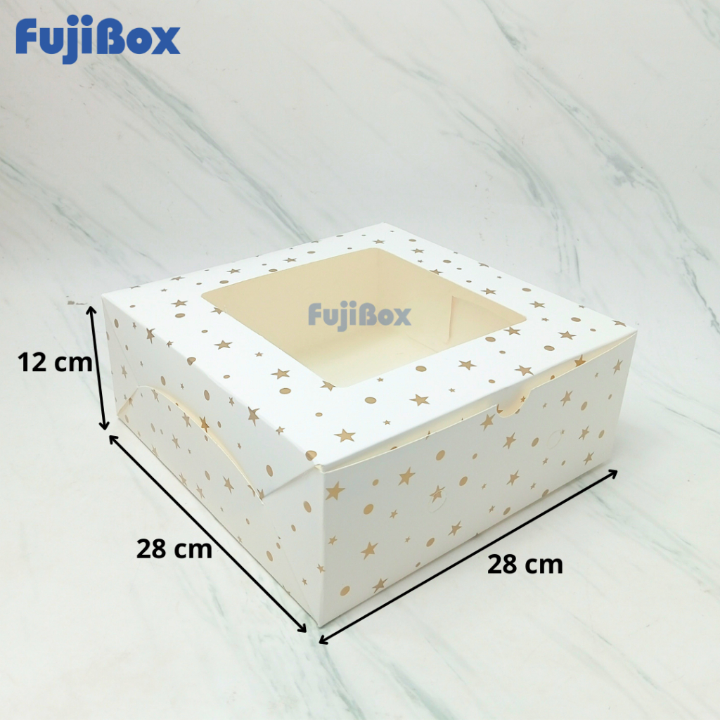

(10 Pcs) Fuji Box Dus Kotak Kue Ivory Motif Polkadot Bintang Emas 28 cm x 28 cm x 12 cm Putih Ivory Premium Jendela
