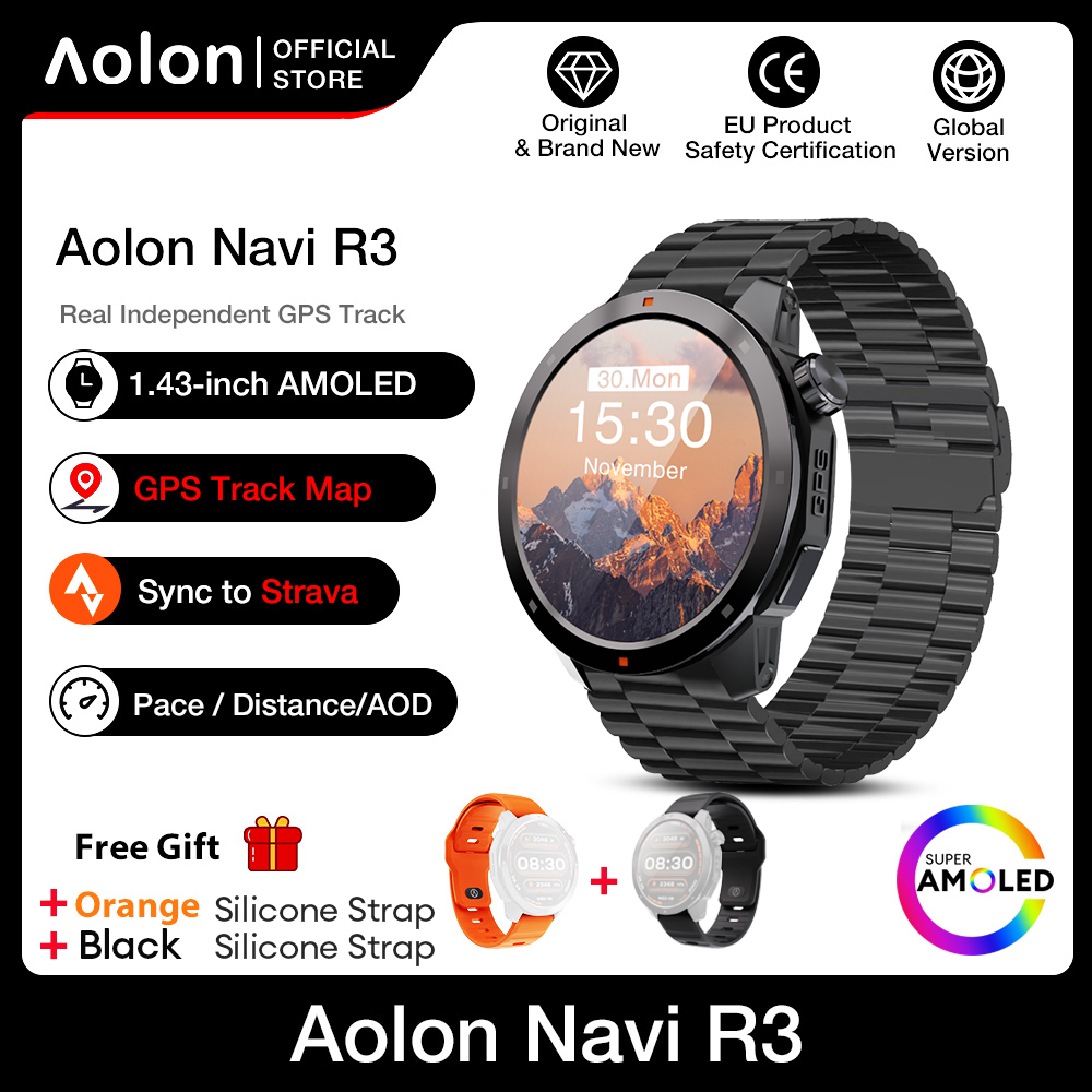 Aolon Navi R3 Jam Tangan Pria GPS Map Pace Amoled AOD Display Smartwatch Altitude Air Pressure Sport Pria-Black Steel