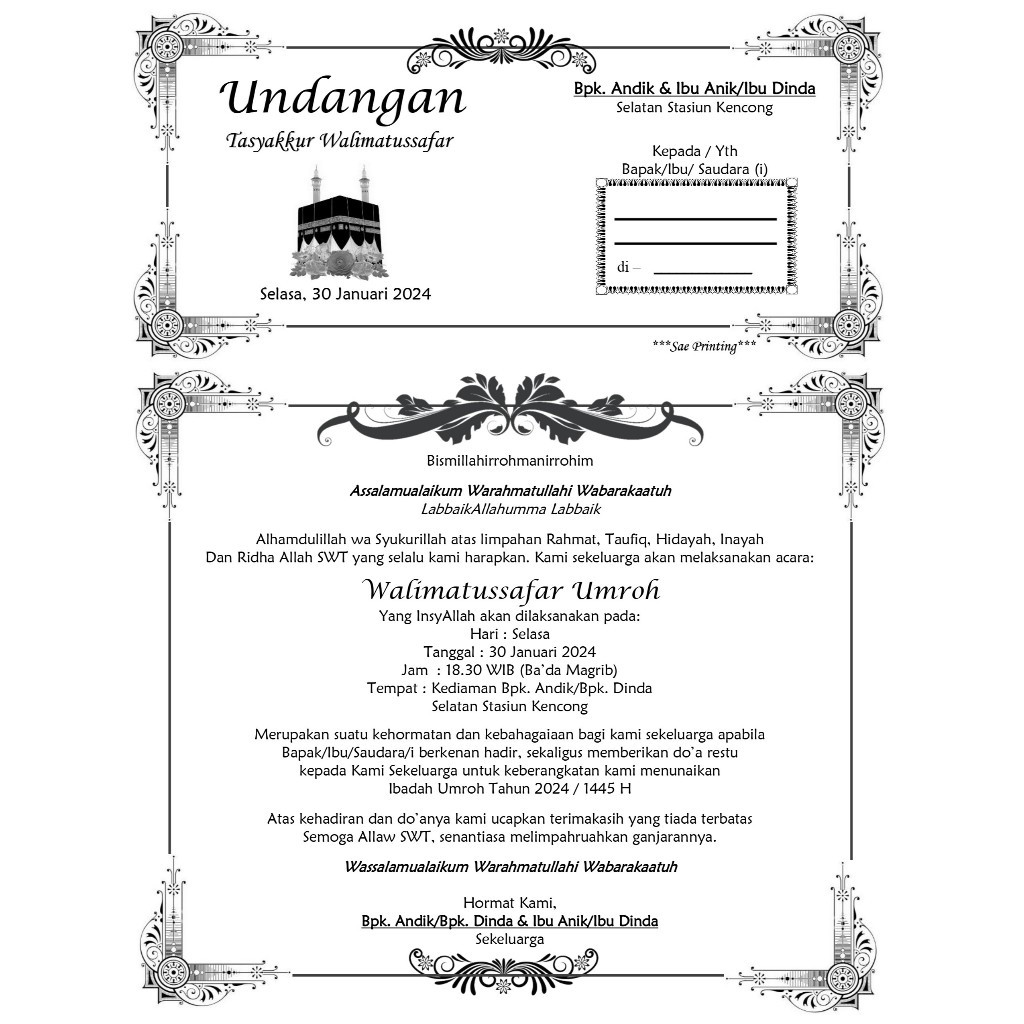 

Undangan Tasyakuran / Tahlil / Walimahan