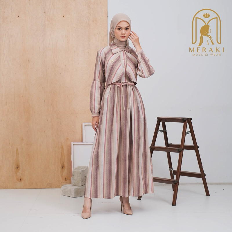 SOFIA DRESS [GARIS COKLAT MUDA/PINK] | GAMIS MUSLIM MODERN MURAH KATUN TRISET BUSUI FRIENDLY PREMIUM