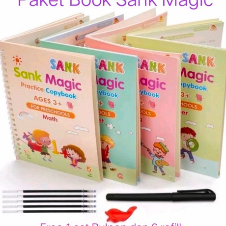 

k6Seller BOP SANK MAGIC BOOK 3D BUKU EDUKASI ANAK BELAJAR MENULIS UNTUK TK PAUD ANGKA HURUF BUKU AJAIB MAGIC PRACTICE BOOK 1 SET ISI 4 BUKU PEN REFILL HOLDER PENA R67