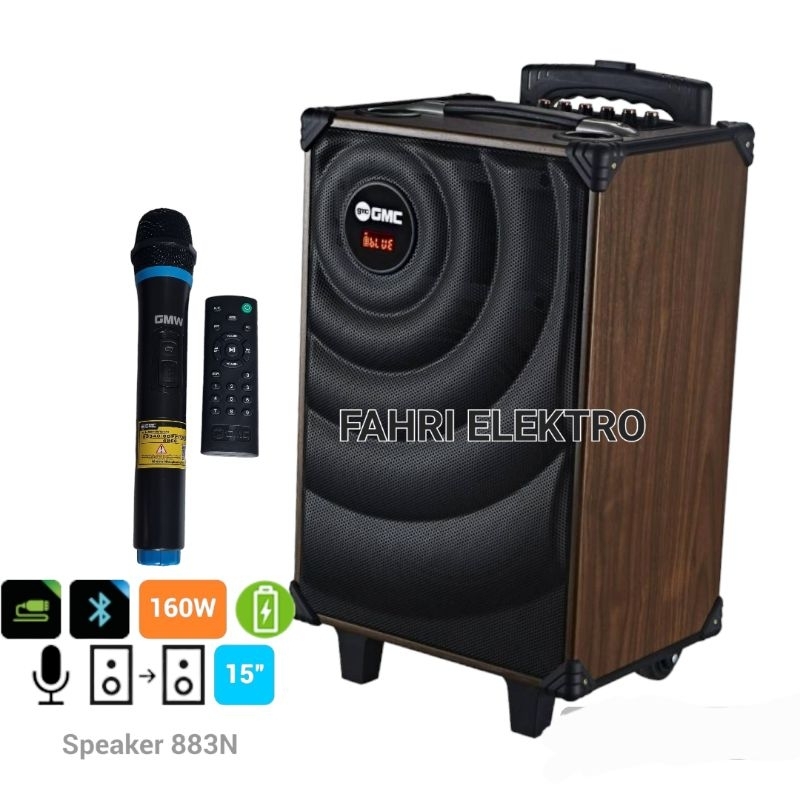 Speaker Portable 15 inch GMC 883N Bluetooth Karaoke 1 Mic Wireless Original