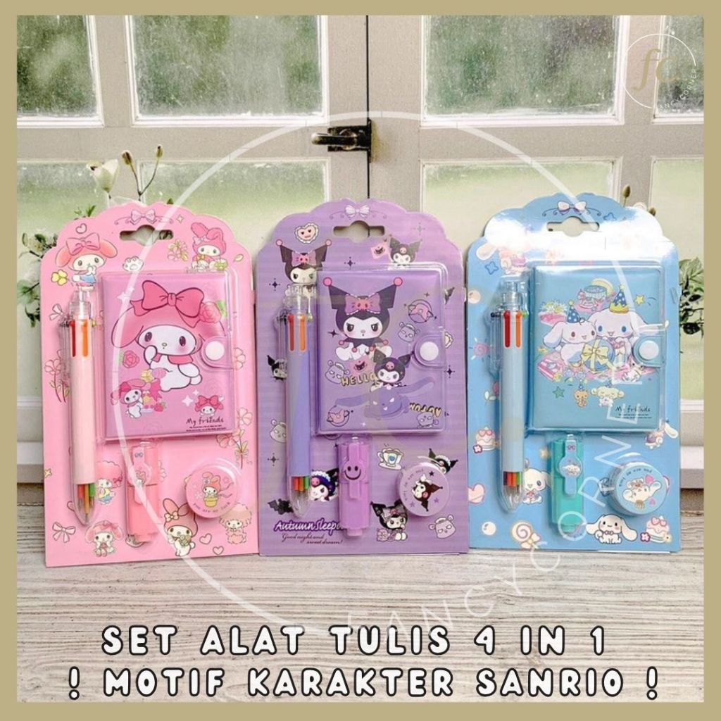 

Set Paket Jurnal Alat Tulis Buku Mini ATK 4 in 1 Pack Notebook + Pen 6 Warna + Highlighter + Washi Tape Kartun Sanrio Kuromi My Melody Cinnamoroll Biru Pink Lilac SAT-1259 Hadiah Kado Hampers Merchandise Souvenir Journal Lengkap Grosir