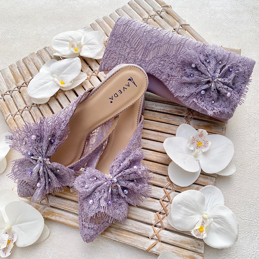 Matching Set Purple Selop Sandal Sepatu Pesta Wanita Block Heels & Tas Clutch AVEDA 6436 SALE CUCI G