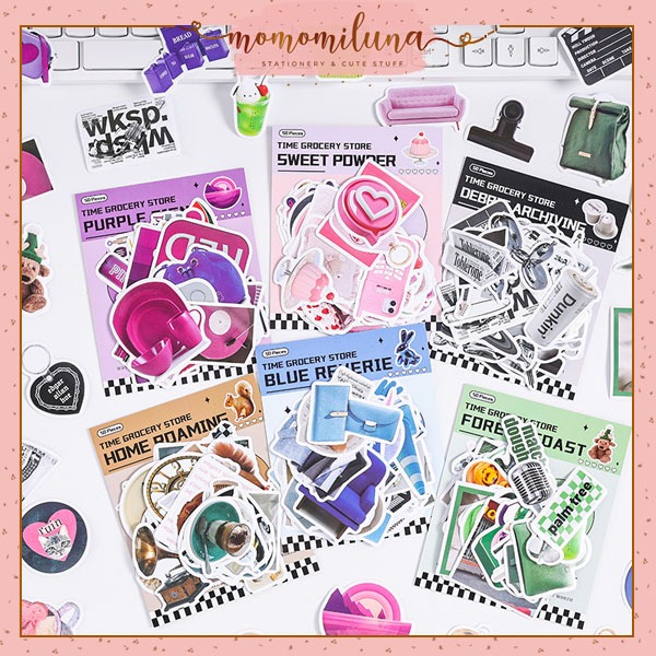 

1 set isi 50 pcs time grocery sticker vintage retro aesthetic deco stiker diy jurnal scrapbook HB1731