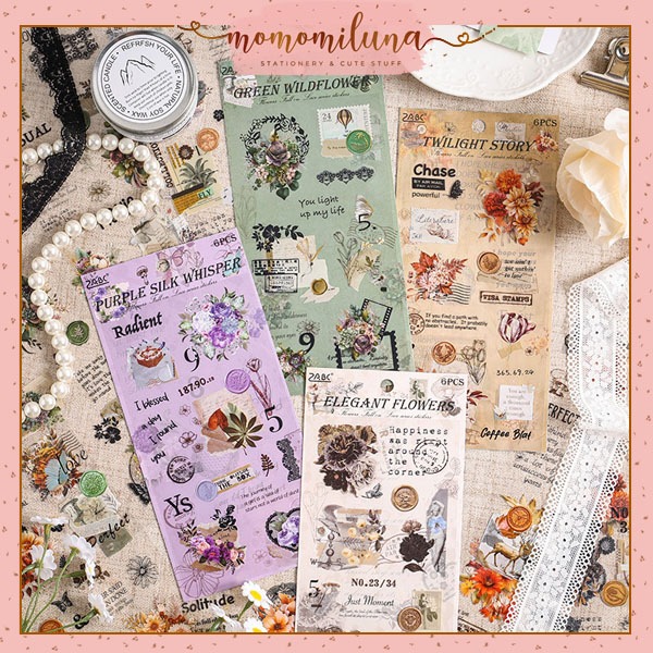 

1 set isi 6 lembar retro flower sticker vintage aesthetic journal diy scrapbook deco stiker bunga HB1732