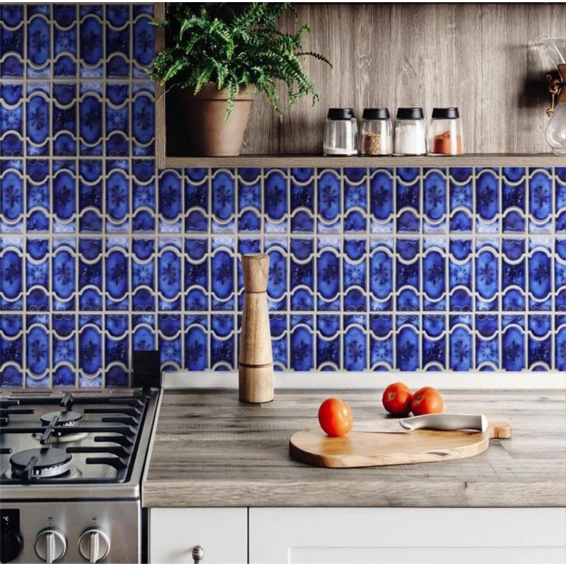 mosaic interior kitchen set | mosaic dinding dapur ornamen biru