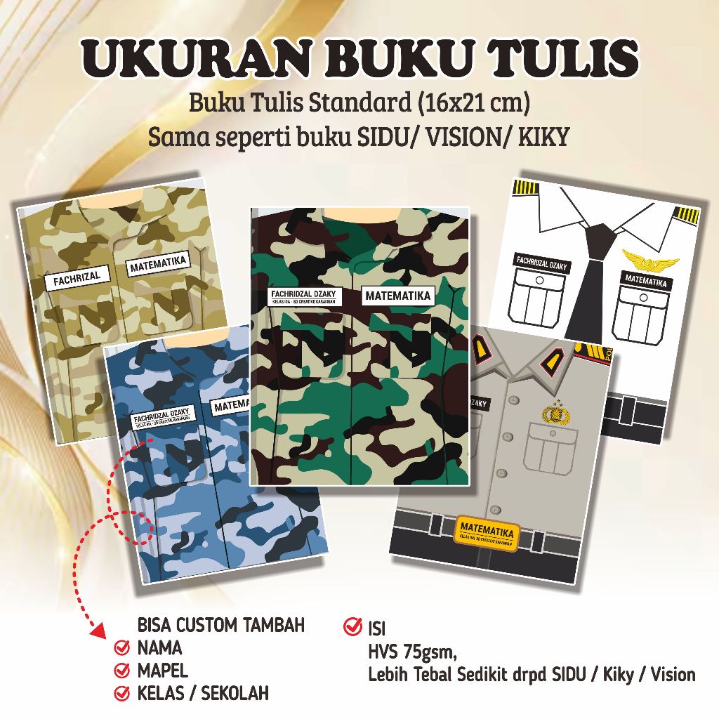 

[58 LEMBAR] BUKU TULIS A5 KWARTO CUSTOM SERAGAM TNI AD AL AU PILOT POLISI KEJAKSANAAN | BUKU TULIS SIDU VISION KIKY | NOTEBOOK A5 CUSTOM | BUKU GALAKSINOVA